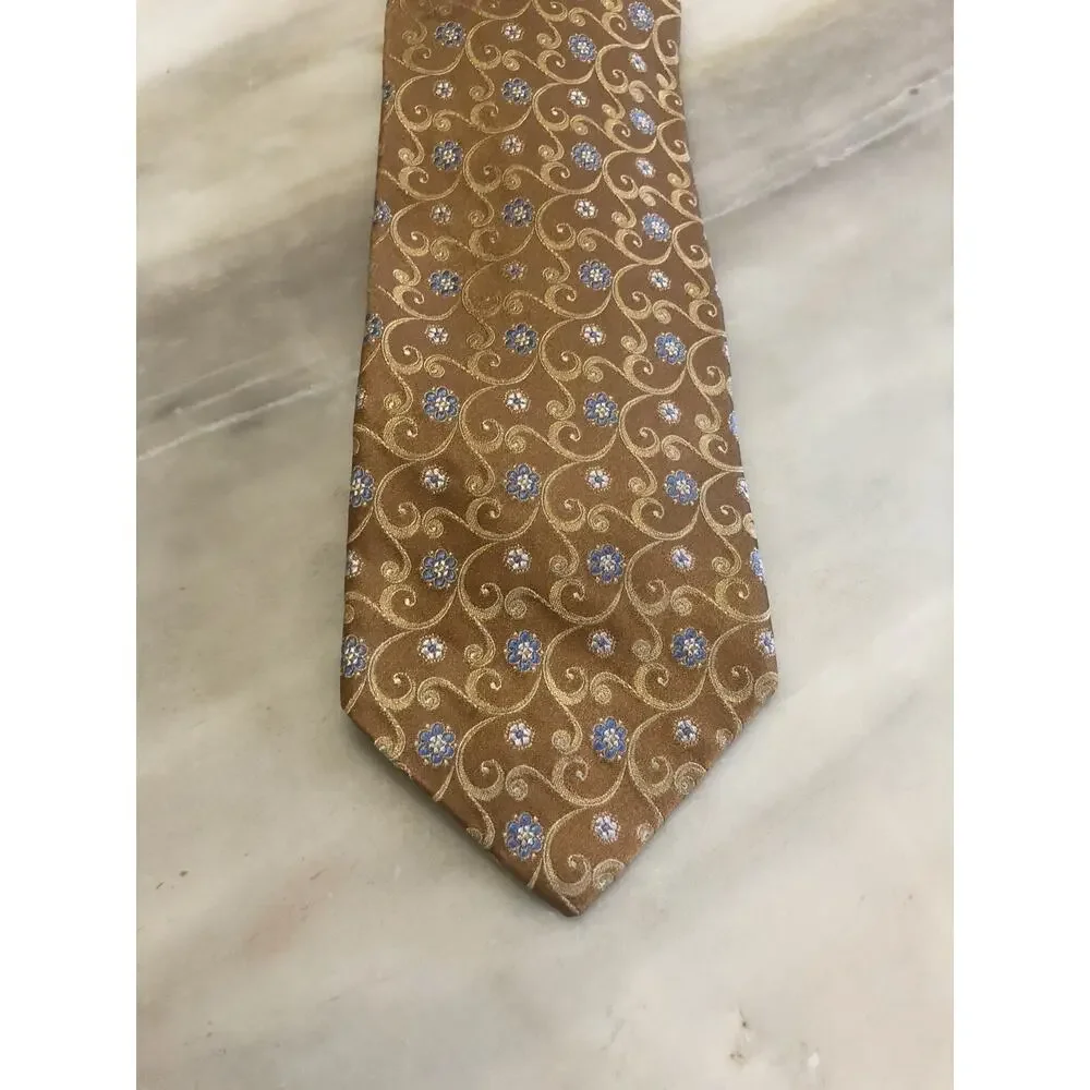 Robert Talbott Best Of Class Men Size XL Silk Gold Blue Floral Medallion Tie
